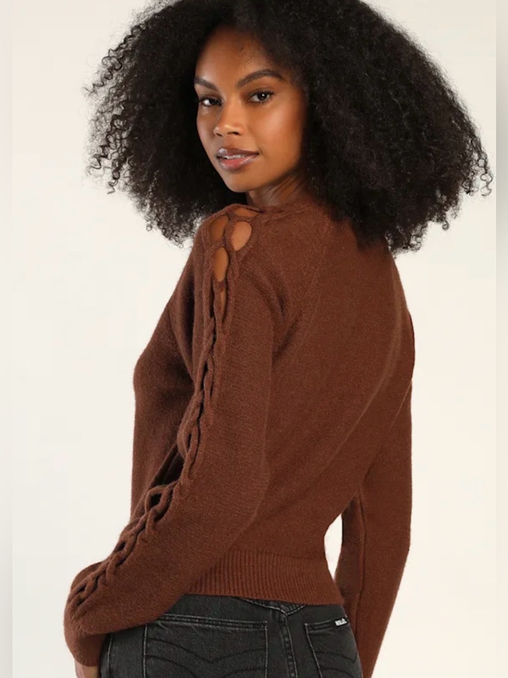 Lulus Braid Expectations Chocolate Brown Long Sleeve Sweater - Size M